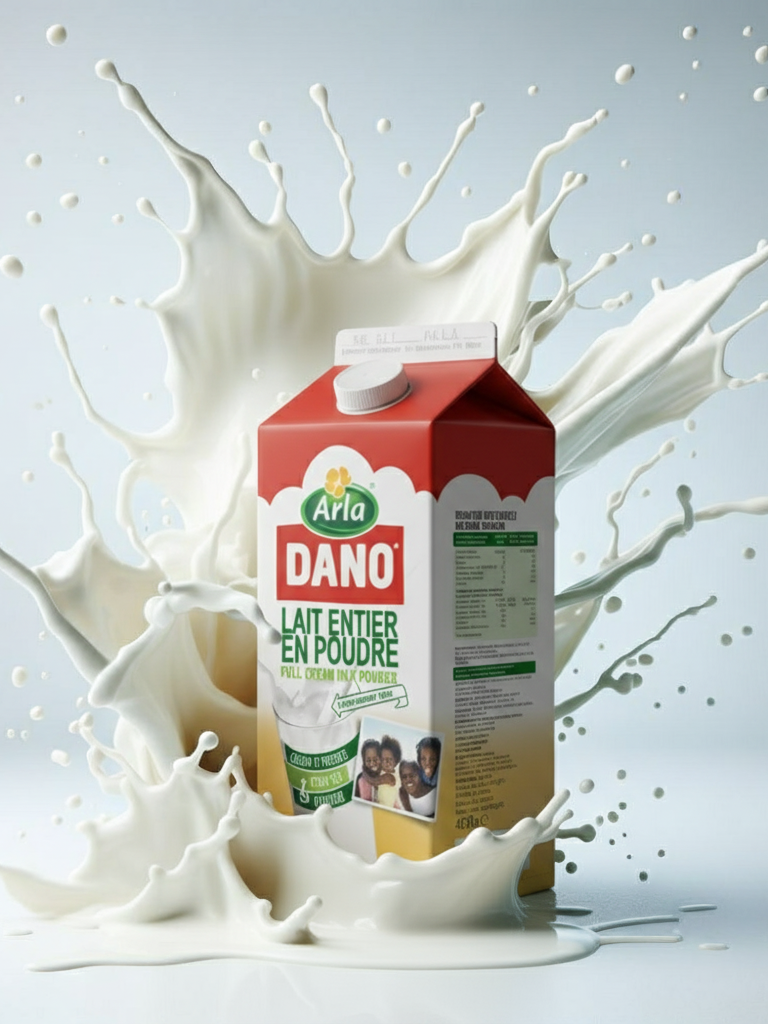 arla foods dano Lait Entier en poudre mockup in a milk splash cropped
