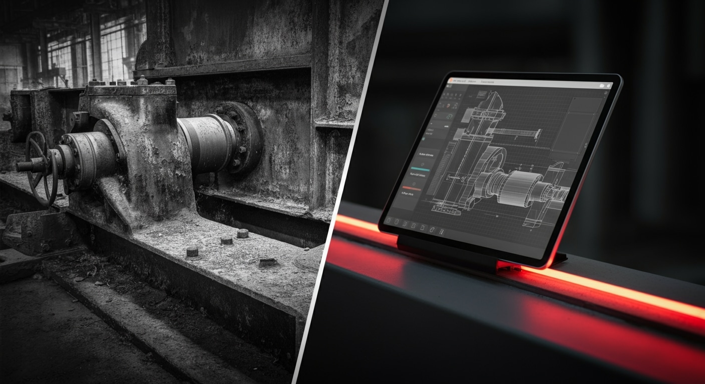 A split image contrasting old machinery with a digital design, symbolizing our business turnaround blueprints.